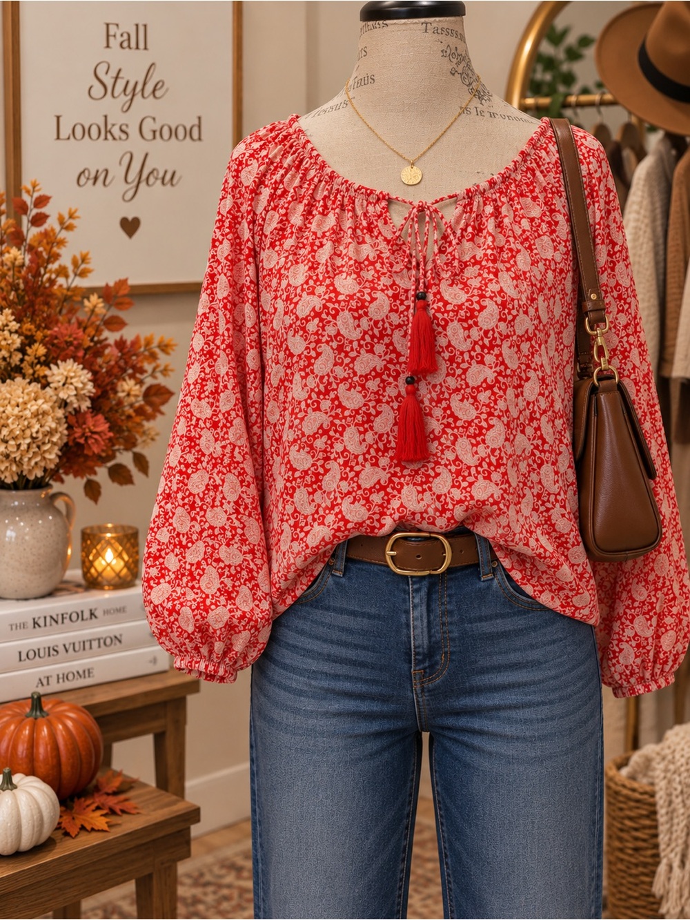 Skies Are Blue Red Paisley Tie-Neck Tunic